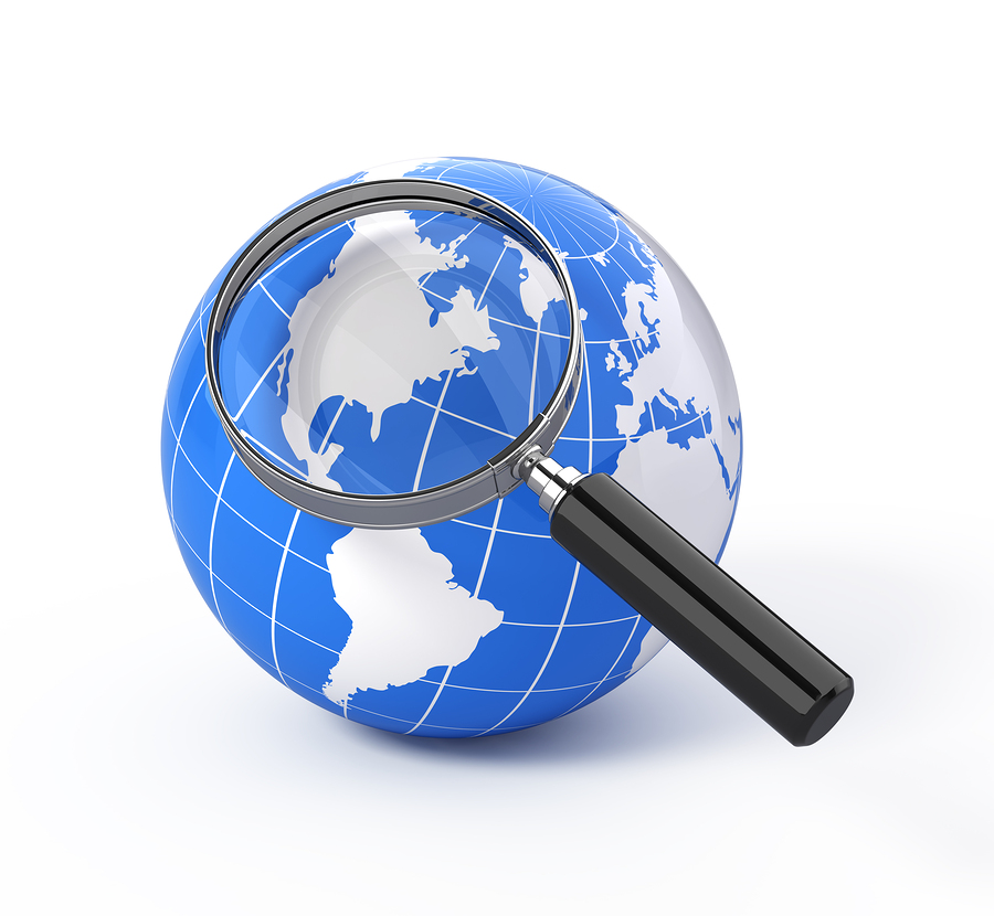 3d icon search - earth globe with magnify glass